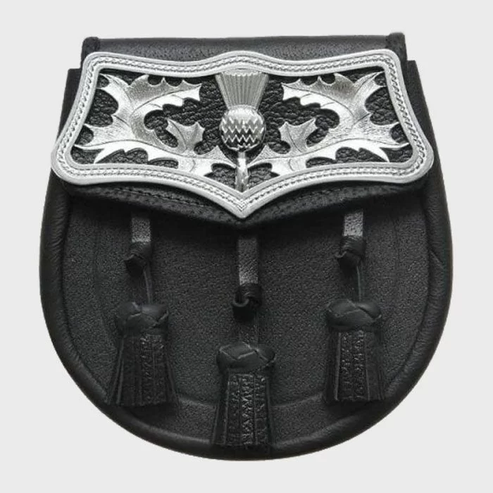 Black Leather Large Thistle Plate Sporran With Free Chain Belt