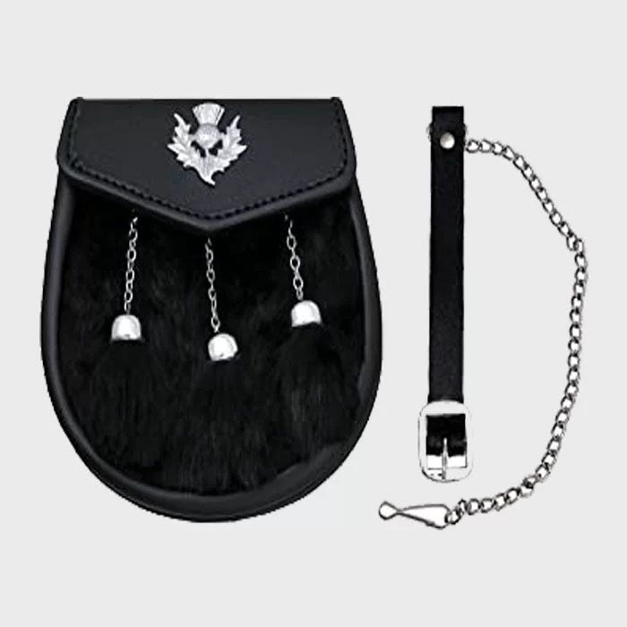  Black Rabbit Fur Kilt Sporran With 3 Tassles