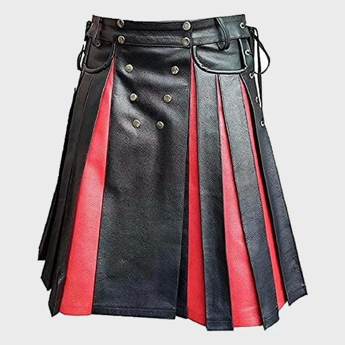 Black And red Gladiator Pleated Leather Kilt For Men