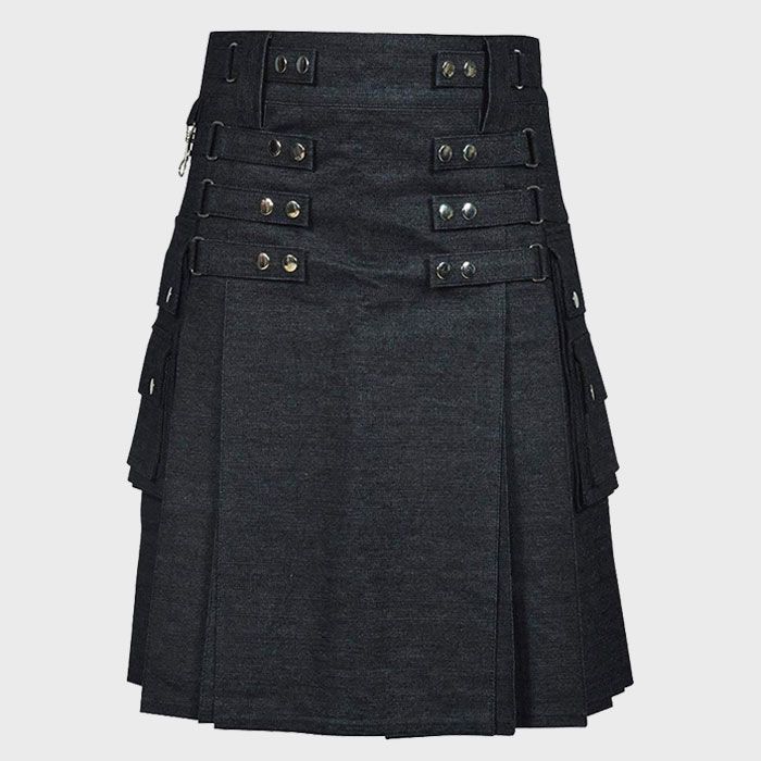 Black Denim Utility Kilt for Men