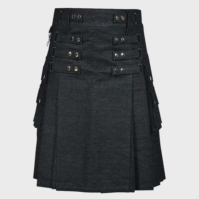 Black Denim Utility Kilt for Men