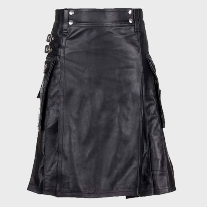 Black Elegant Leather Utility Kilt for Men