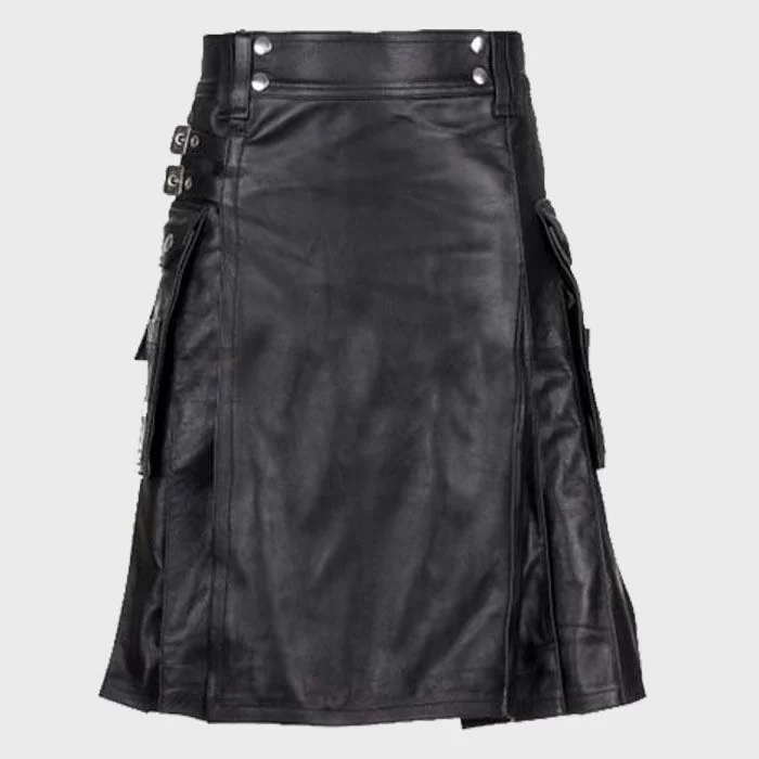 Black Elegant Leather Utility Kilt for Men