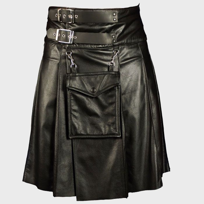  Black Gothic Leather Utility Kilt For Men