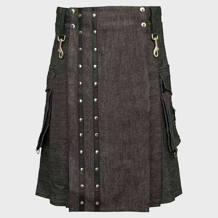 Black Heavy Denim Kilt with Straps