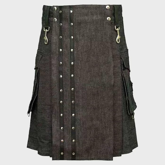 Black Heavy Denim Kilt with Straps