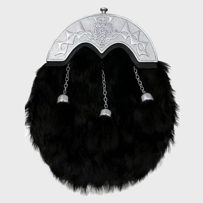 Black Rabbit Fur Kilt Sporran Celtic Chrome Cantle 