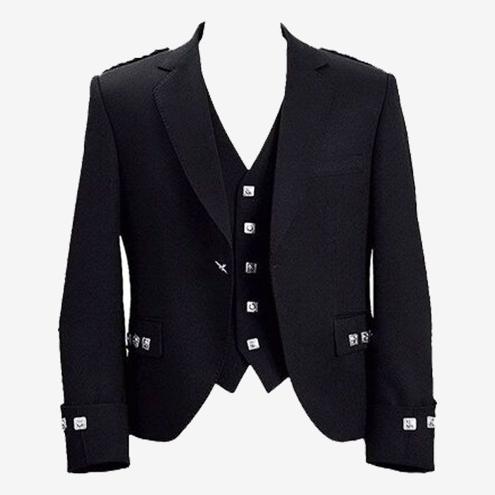 Black Wool Tweed Argyle Jacket And Vest For Men