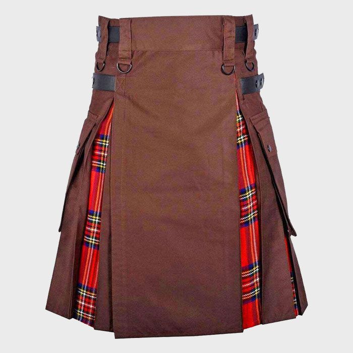 Brown Cotton With Royal Stewart Tartan Hybrid Kilt