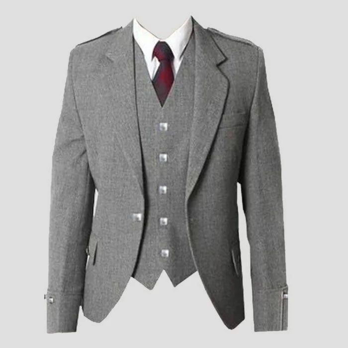Grey Wool Tweed Argyle Jacket And Vest