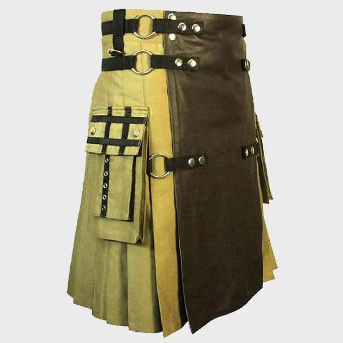  Khaki Fashion Tactical Hybrid Kilt With Front Leather Panel