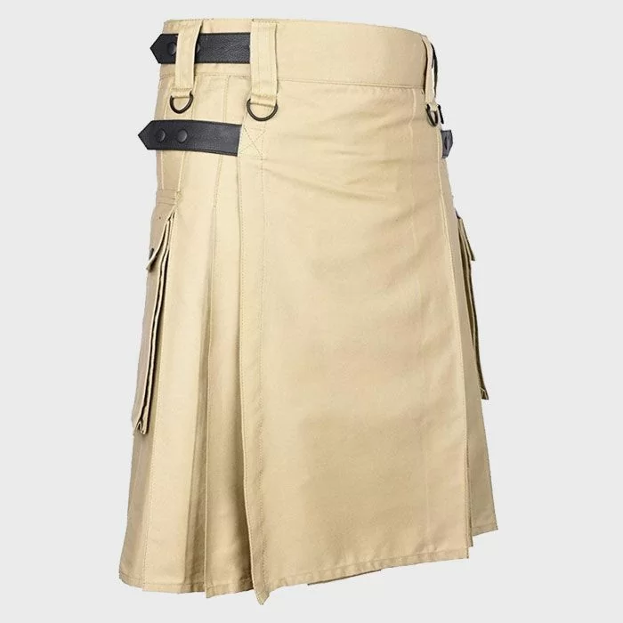  Khaki Cotton Utility Kilt with Genuine Leather Straps 