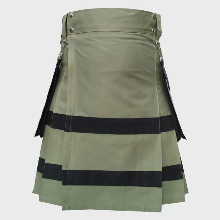 Olive Green Utility Kilt with Leather Straps