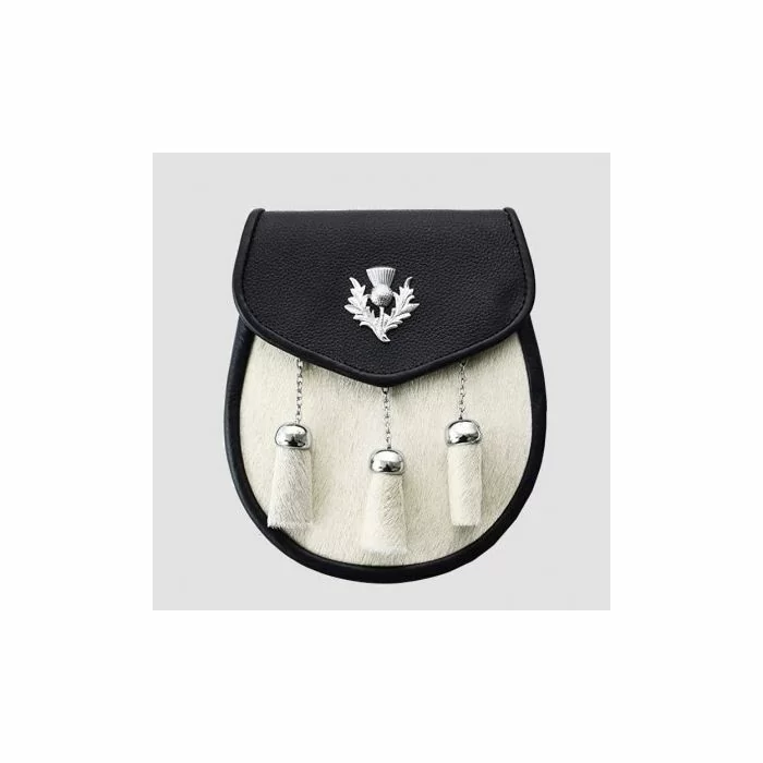 White Bovine Goat Fur 3 Tassel Leather Sporran