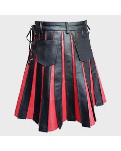 Black And red Gladiator Pleated Leather Kilt For Men