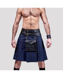 Blue Denim Leather Kilt With Leather Pouch 