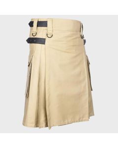 
Khaki Cotton Utility Kilt with Genuine Leather Straps 