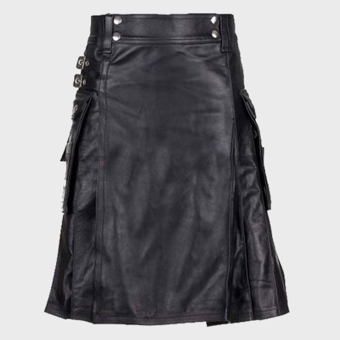 Leather Kilts-Black Elegant Leather Utility Kilt for Men | Scotland Kilt
